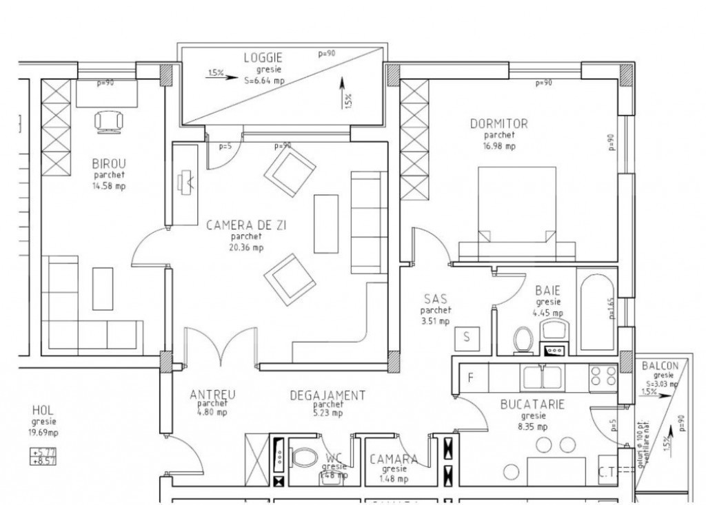 Apartament 3 camere, 81 mp, semifinisat, Parcare