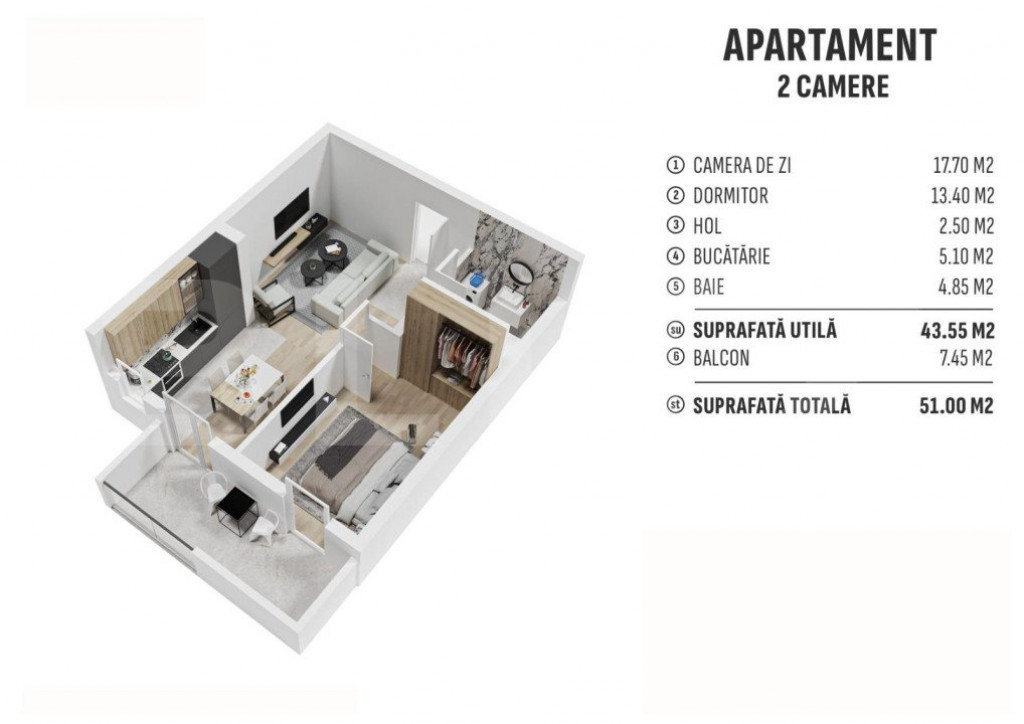 Apartament de 2 camere finisat, 44 mp, terasa, cartier nou r