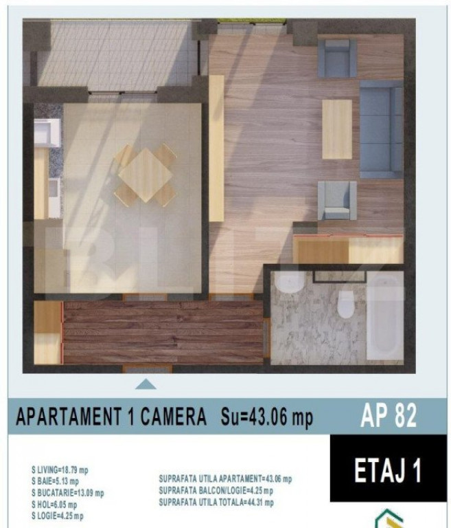 Apartament 1 camera, 43mp utili, bloc nou, Calea Moldovei