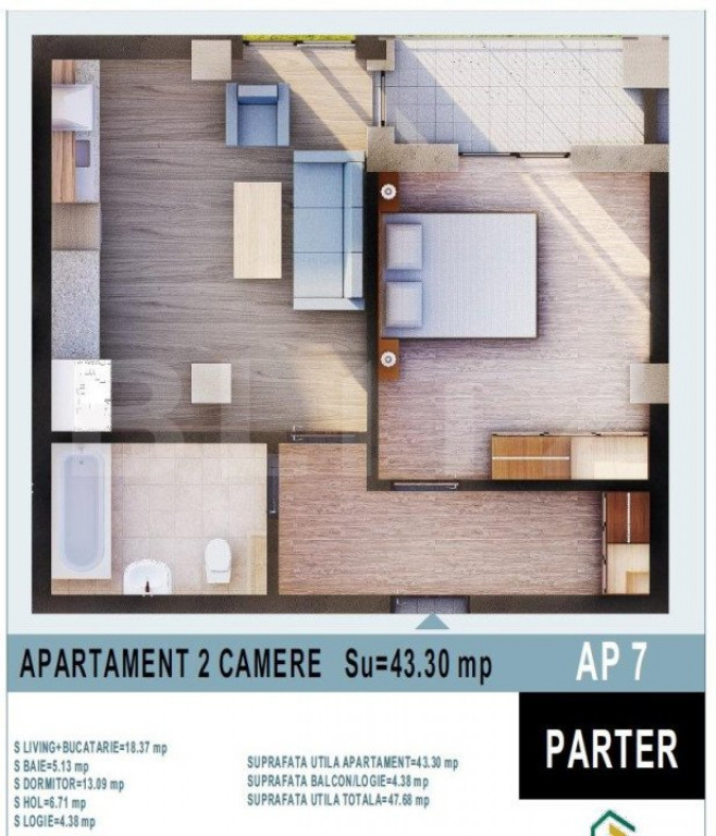 Apartament 2 camere, 43mp utili, Calea Moldovei