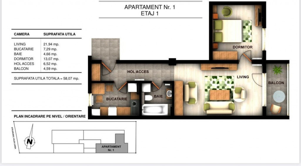 Apartament 2 camere, 58.07 mp, in ansamblu rezidential nou,