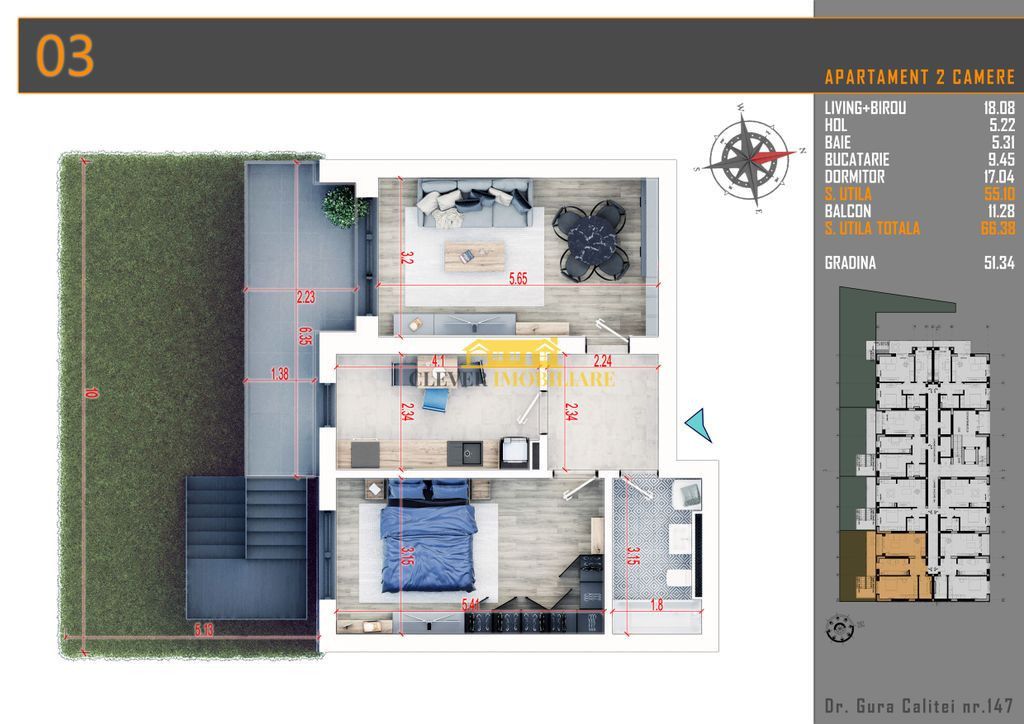 Apartament 2 camere cu Gradina Proprie 51mp Comision 0%