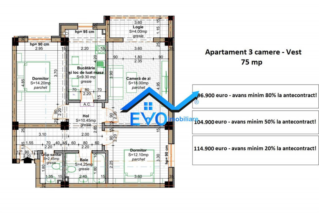 Apartament 3 camere, 2 bai, 75 mp, bloc nou Valea Lupului R