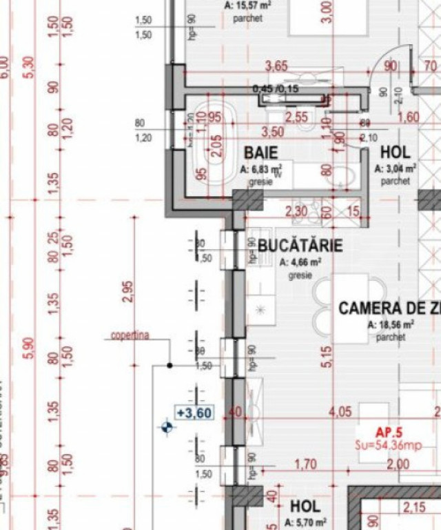 Apartament 2 camere semifinisat, 54.36 mp, 2 parcari, zona S