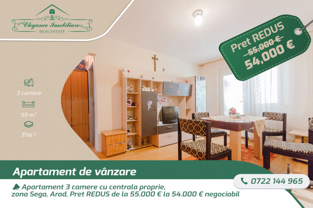 Apartament 3 camere cu centrala proprie, zona Sega, Arad