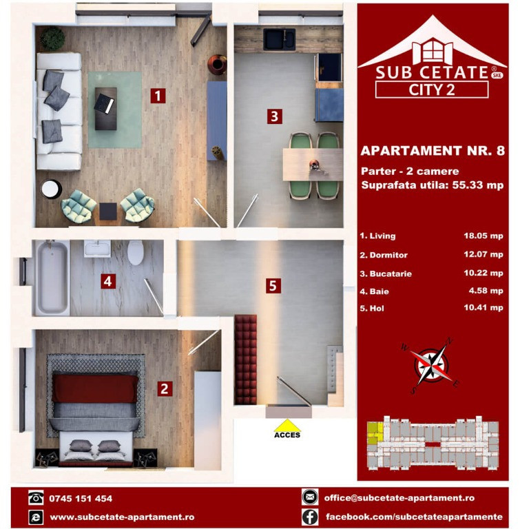 Apartament cu 2 camere decomandat 55 mp