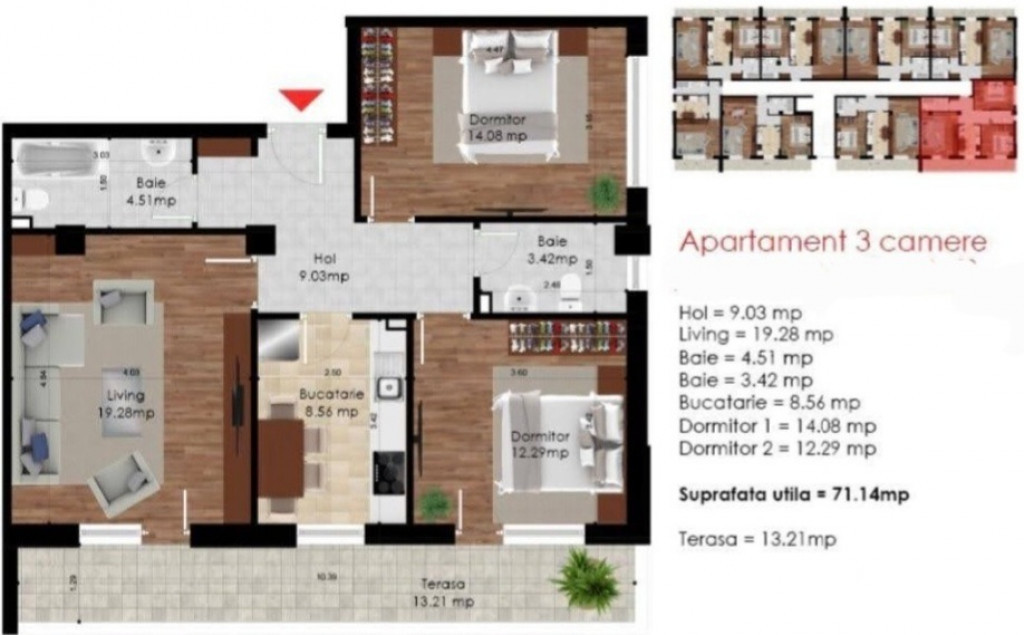 Apartament cu 3 camere decomandat