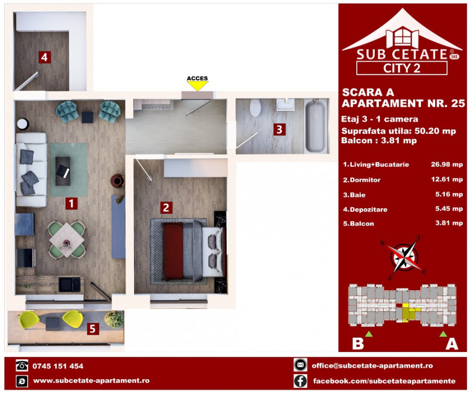 Apartament 2 camere, Subcetate City, DIRECT DEZVOLTATOR.