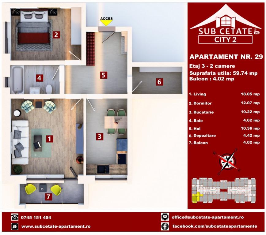 Apartament 2 camere, 60 mp, SUBCETATE CITY.