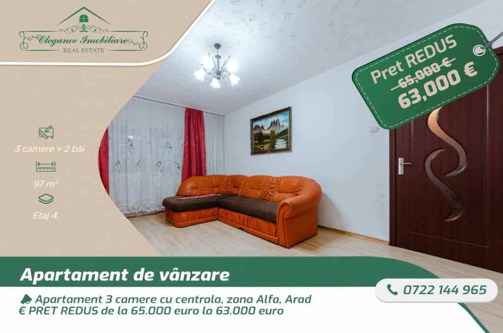 Apartament 3 camere cu centrala, zona Alfa Arad