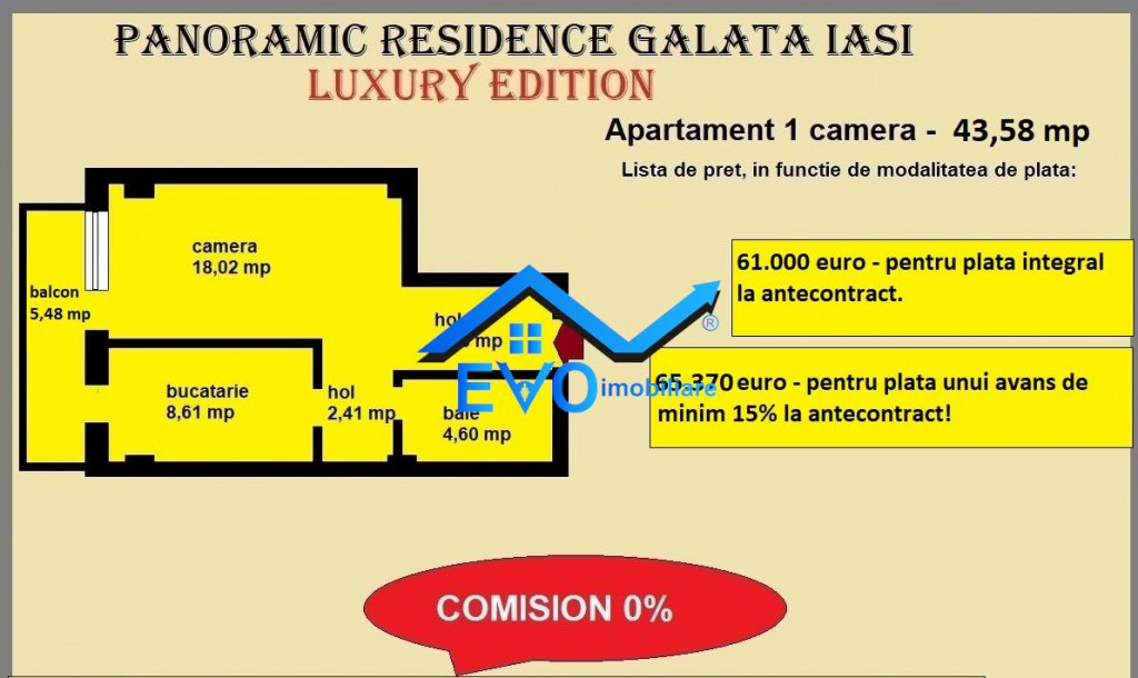 Apartament 1 camera, 43,58 mp, decomandat, de in Galata Ias