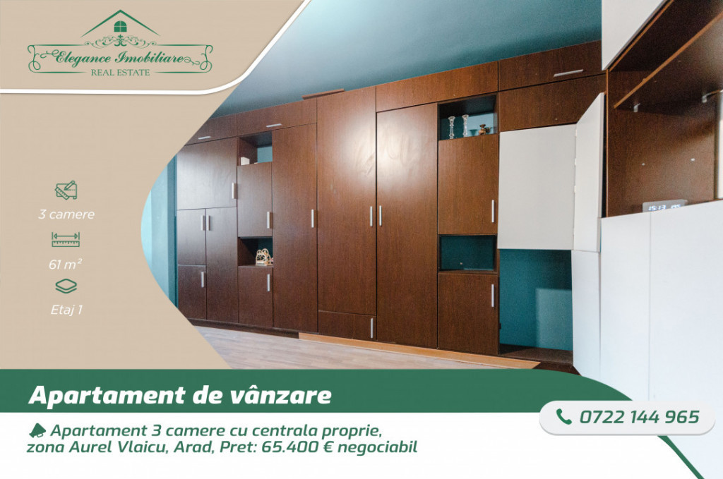 Apartament 3 camere cu centrala proprie, zona Aurel Vlaicu,