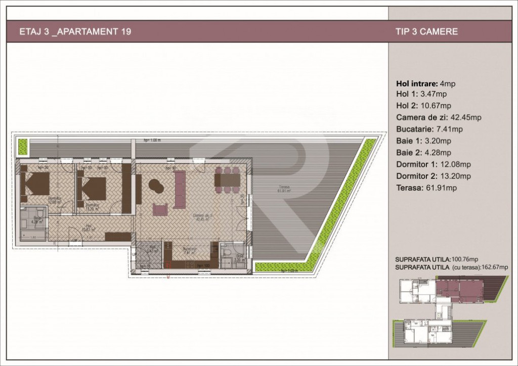 3 camere bloc nou cu tereasa de 24mp, zona Nerva Traian, met